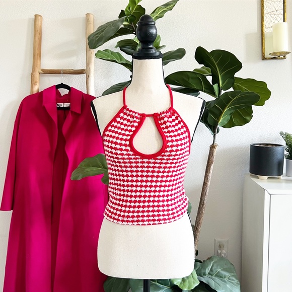 Zara Crochet Knit Red & White Cut Out Halter Keyhole Crop Top NWOT - Picture 2 of 9